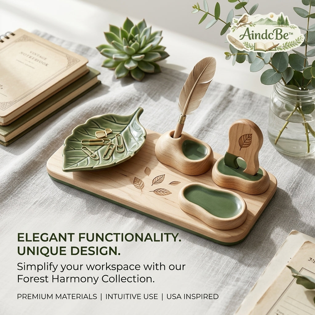AindcBe™ Forest Harmony Desk Organizer Set – Aesthetic Wooden Stationery Tray with Ceramic Leaf Dish, Feather Pen Holder & Stand – Nature-Inspired Home Office Decor for Productivity & Organization