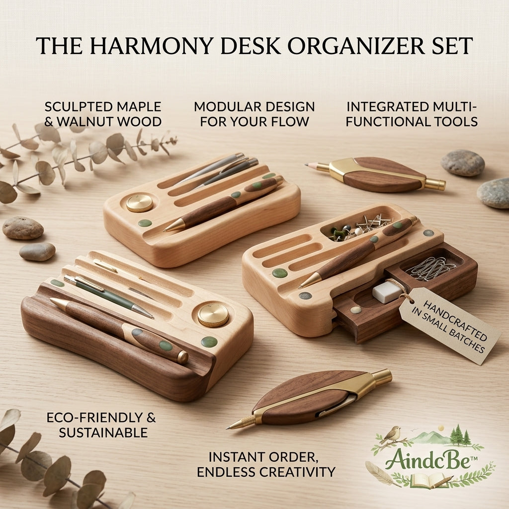 AindcBe™ Harmony Desk Organizer Set – Handcrafted Maple & Walnut Wooden Stationery Station – Modular Eco-Friendly Office Decor – Premium Desk Accessories for Creativity & Focus
