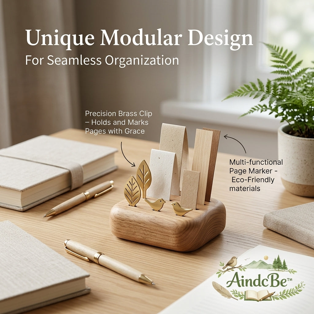 AindcBe™ Minimalist Wooden Desk Organizer & Page Marker Set – Nature-Inspired Stationery Holder with Brass Bird & Leaf Accents, Eco-Friendly Home Office Decor