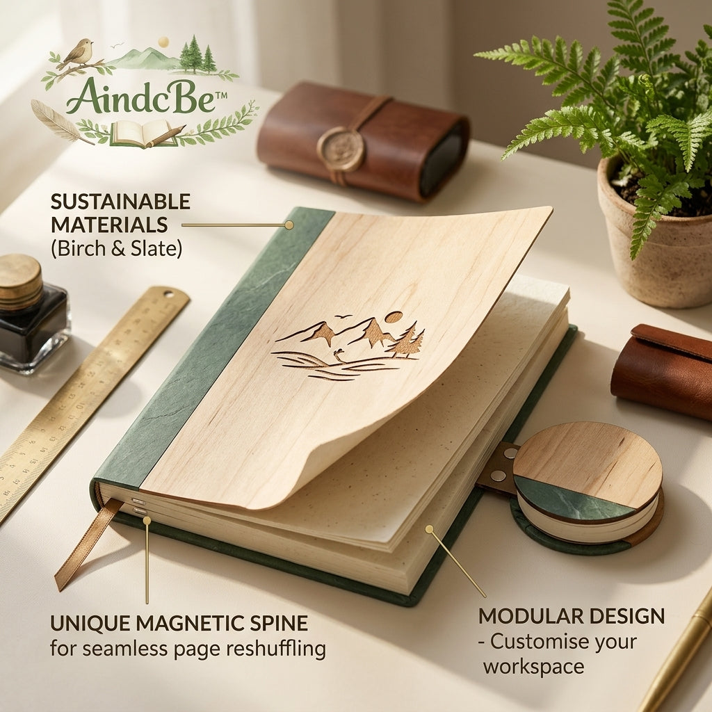 AindcBe™ Refillable Wood & Slate Journal – Modular Notebook with Unique Magnetic Spine for Page Reshuffling, Premium Birch Cover & Eco-Friendly Design, Customizable Organizer for Writing, Sketching & Office
