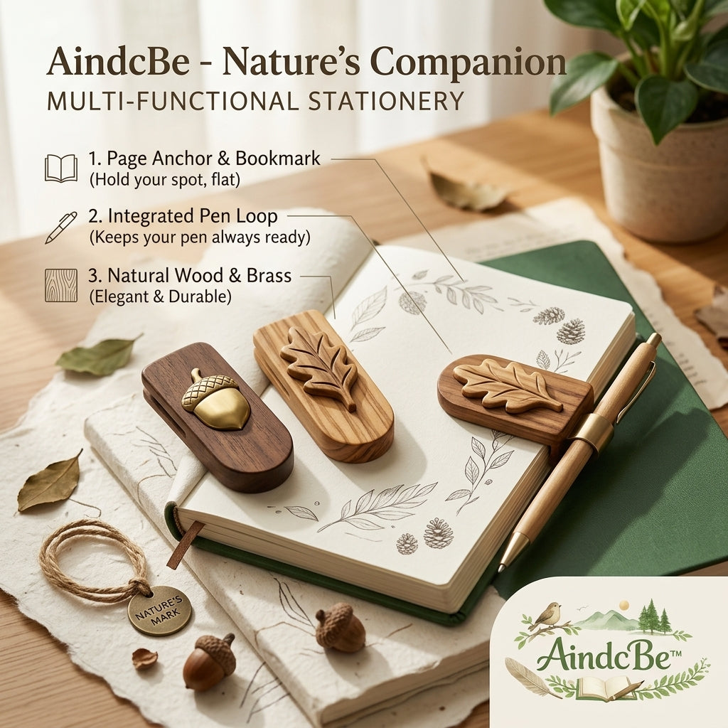 AindcBe™ Premium Wooden Page Anchor and Bookmark with Integrated Brass Pen Holder Loop | Natural Walnut & Olive Wood Page Clip for Journals, Notebooks & Books | Nature-Inspired Gift for Book Lovers, Writers, & Journaling Enthusiasts