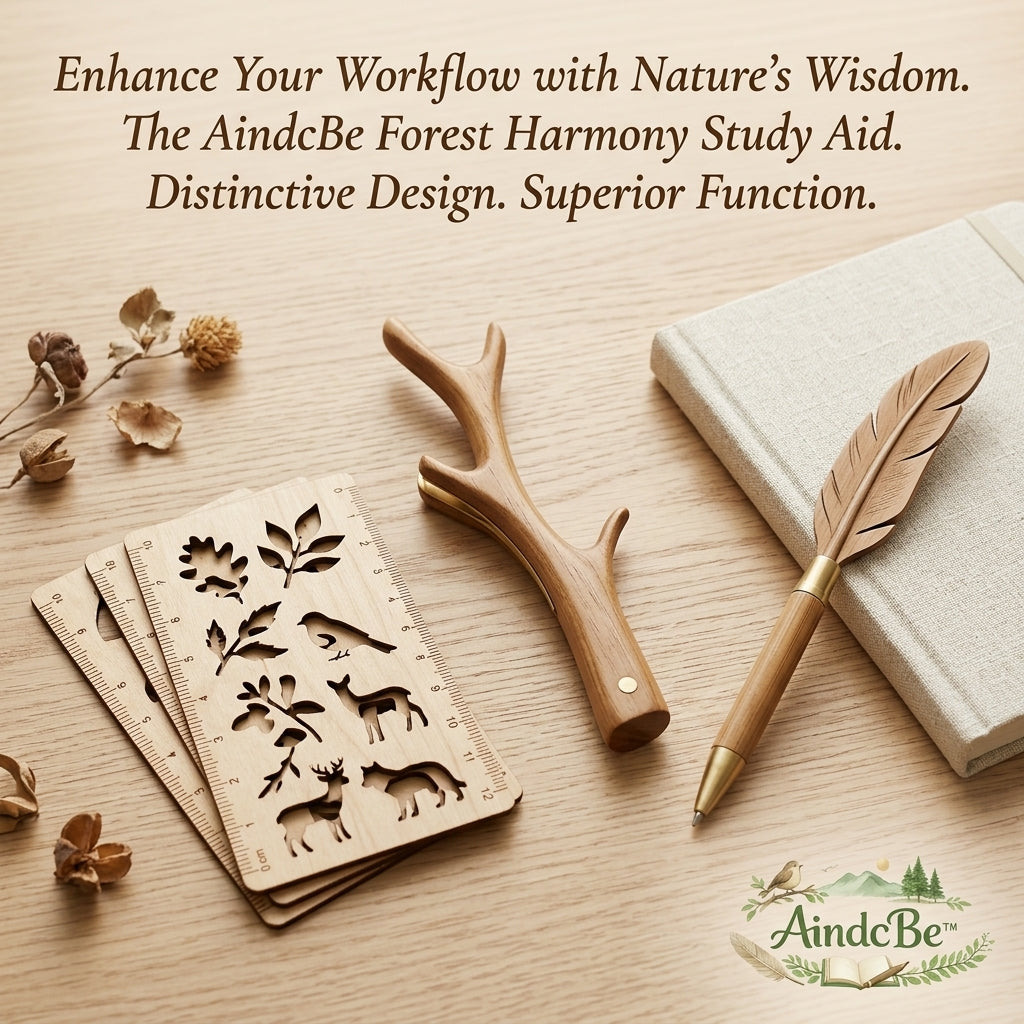 AindcBe™ Forest Harmony Study Set – Handcrafted Wooden Stencil Ruler, Feather Ballpoint Pen & Antler Desk Accessory | Nature-Inspired Journaling & Art Supplies Gift Set