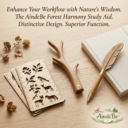 AindcBe™ Forest Harmony Study Set – Handcrafted Wooden Stencil Ruler, Feather Ballpoint Pen & Antler Desk Accessory | Nature-Inspired Journaling & Art Supplies Gift Set