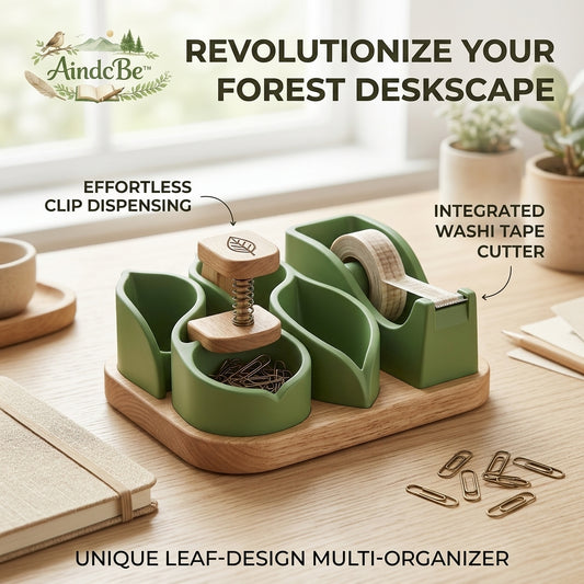 AindcBe™ Aesthetic Leaf-Design Desk Organizer – Multi-Functional Stationery Storage with Integrated Washi Tape Cutter & Spring-Loaded Clip Dispenser – Modern Wooden Desk Decor for Office, School & Home