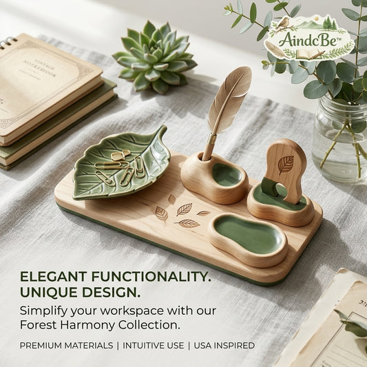 AindcBe™ Forest Harmony Desk Organizer Set – Aesthetic Wooden Stationery Tray with Ceramic Leaf Dish, Feather Pen Holder & Stand – Nature-Inspired Home Office Decor for Productivity & Organization