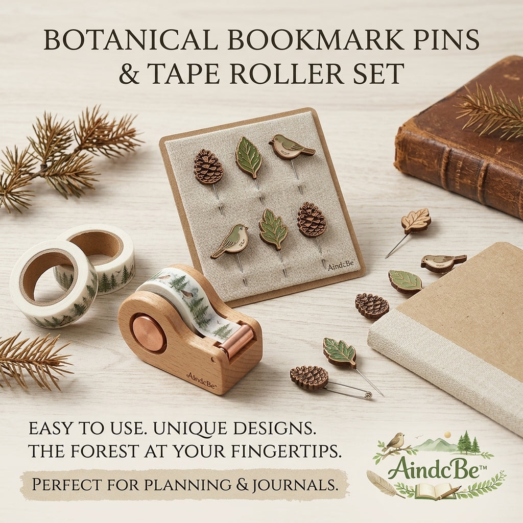 AindcBe™ Forest Botanical Bookmark Pins & Wooden Tape Dispenser Set – Whimsical Aesthetic Stationery for Journaling, Scrapbooking, & Book Lovers – Nature-Inspired Planner Accessories