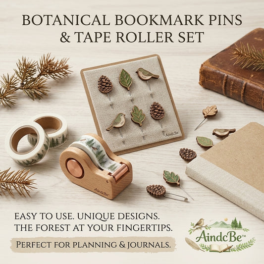AindcBe™ Forest Botanical Bookmark Pins & Wooden Tape Dispenser Set – Whimsical Aesthetic Stationery for Journaling, Scrapbooking, & Book Lovers – Nature-Inspired Planner Accessories