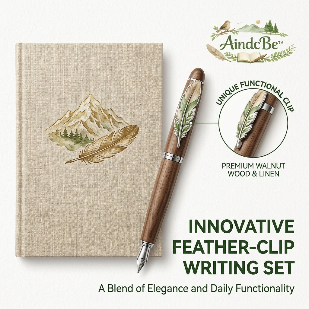 AindcBe™ Walnut Wood Fountain Pen & Linen Journal Gift Set – Luxury Writing Essentials with Unique Feather Clip – Handcrafted Aesthetic for Journaling, Calligraphy & Professional Use