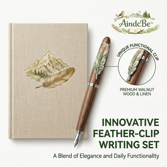 AindcBe™ Walnut Wood Fountain Pen & Linen Journal Gift Set – Luxury Writing Essentials with Unique Feather Clip – Handcrafted Aesthetic for Journaling, Calligraphy & Professional Use