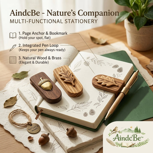 AindcBe™ Premium Wooden Page Anchor and Bookmark with Integrated Brass Pen Holder Loop | Natural Walnut & Olive Wood Page Clip for Journals, Notebooks & Books | Nature-Inspired Gift for Book Lovers, Writers, & Journaling Enthusiasts